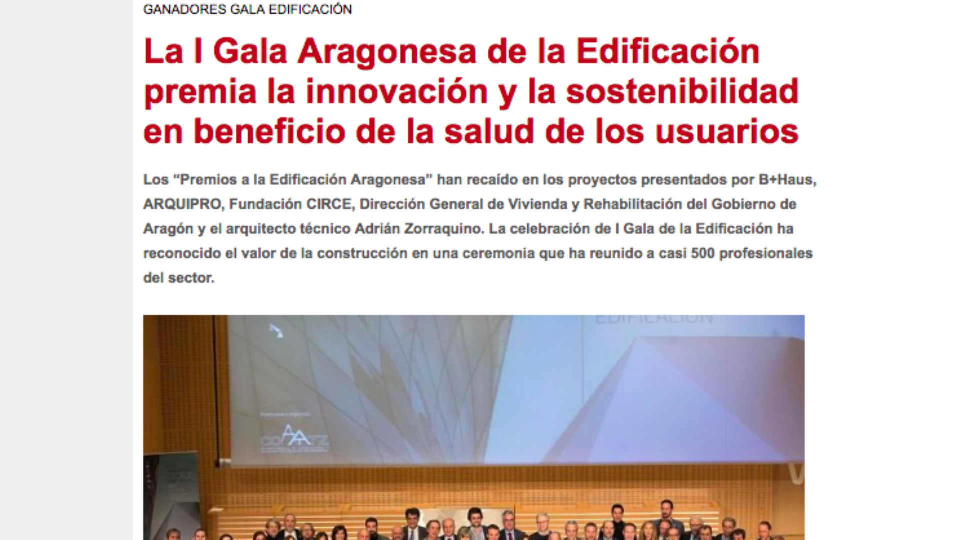 La I Gala Aragonesa de la Edificación premia la innovación y la sostenibilidad en beneficio de la salud de los usuarios
