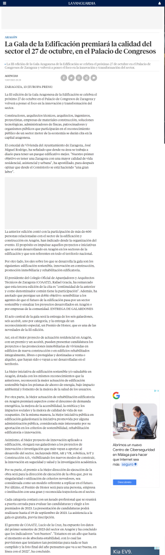 Noticia de La Vanguardia sobre la gala aragonesa de la edificación