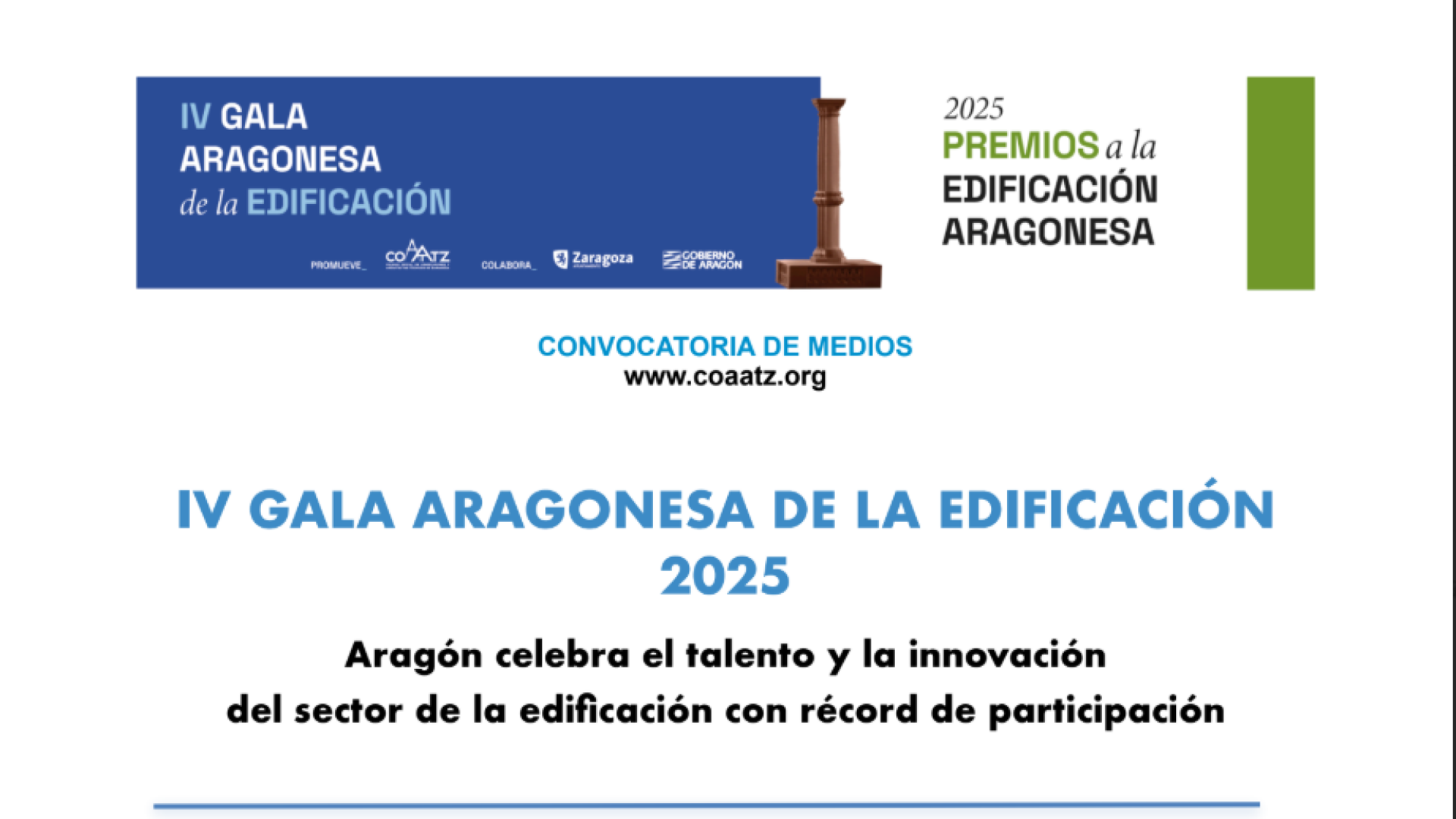 CdP: IV Gala Aragonesa de la Edificación «Aragón celebra el talento y la innovación del sector de la edificación con récord de participación»