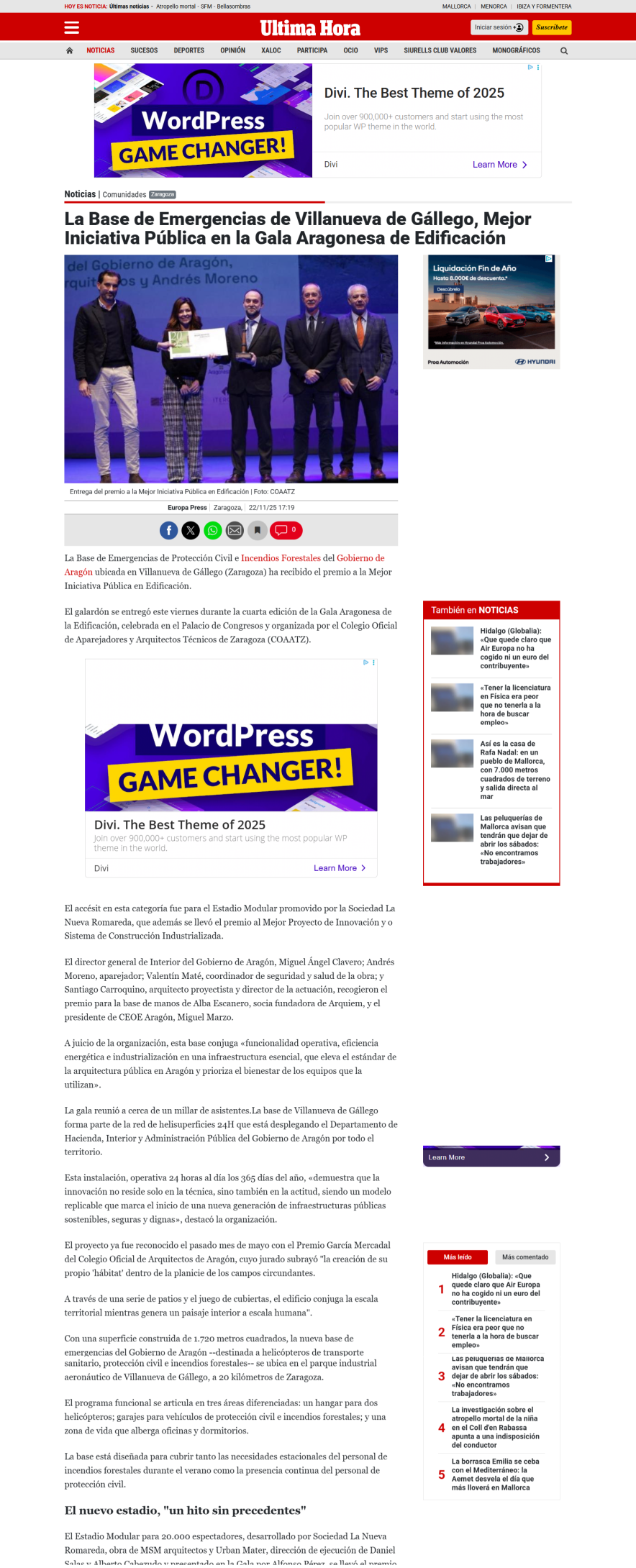 La Base de Emergencias de Villanueva de Gállego, Mejor Iniciativa Pública en la Gala Aragonesa de Edificación