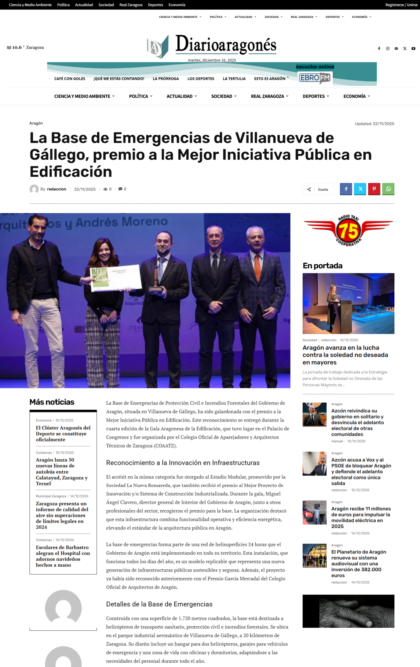 La Base de Emergencias de Villanueva de Gállego, premio a la Mejor Iniciativa Pública en Edificación