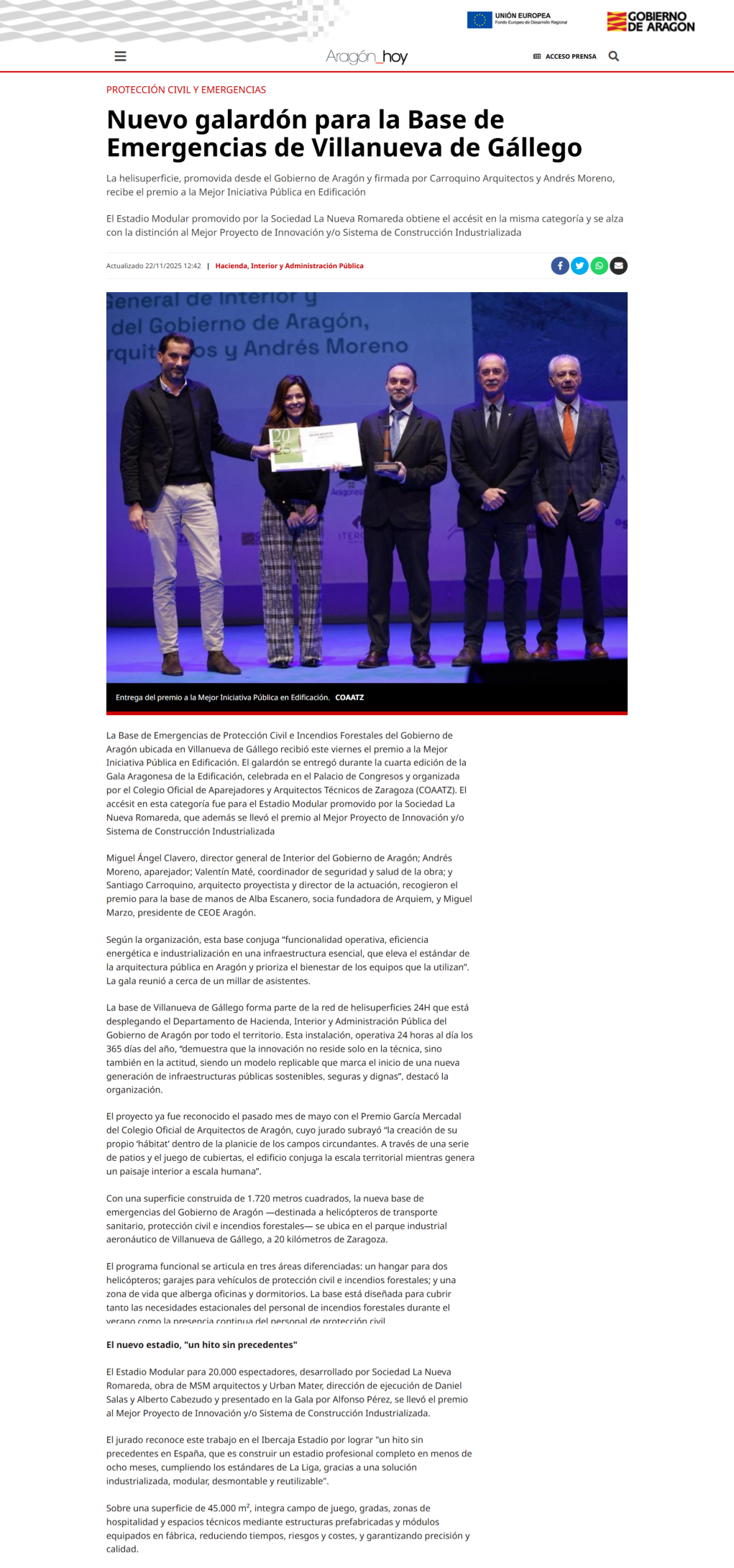 Nuevo galardón para la Base de Emergencias de Villanueva de Gállego